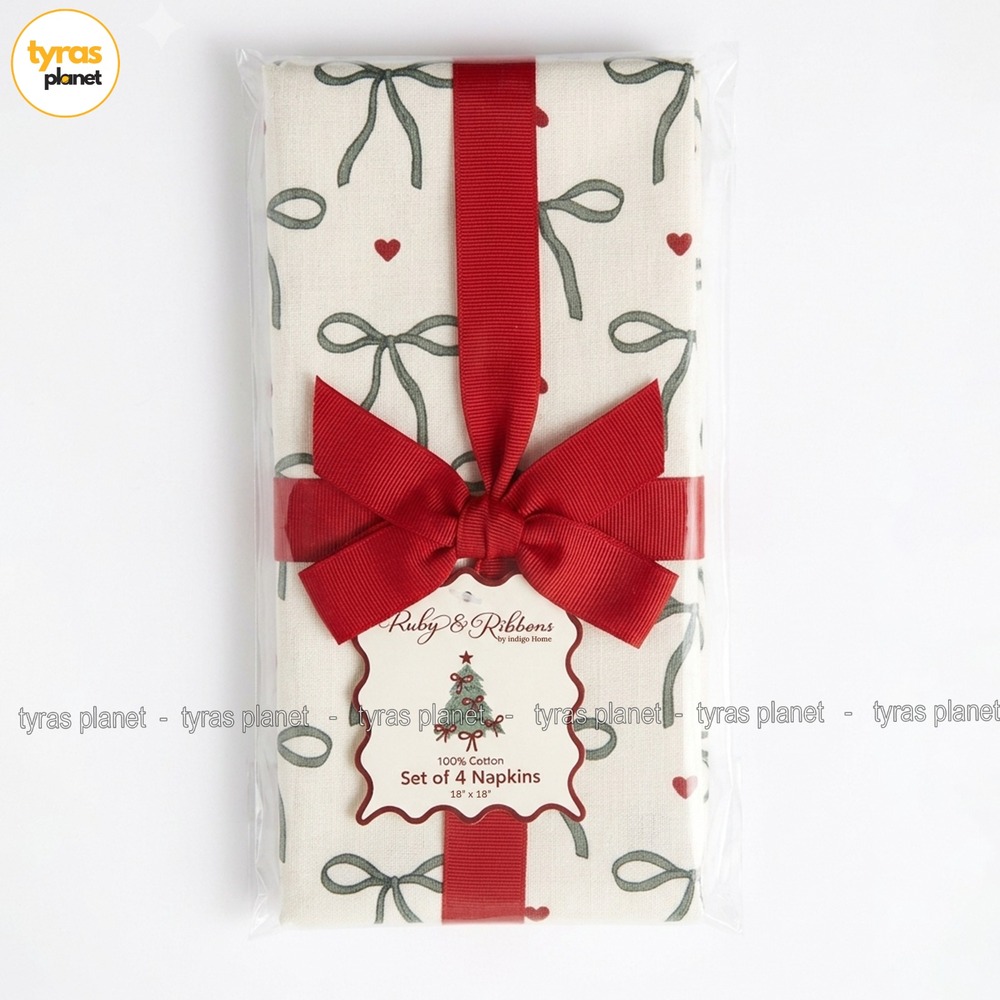 Ruby & Ribbons Bows Hearts Embroidered Cotton Napkins 18x18 Red Sage Set of 4